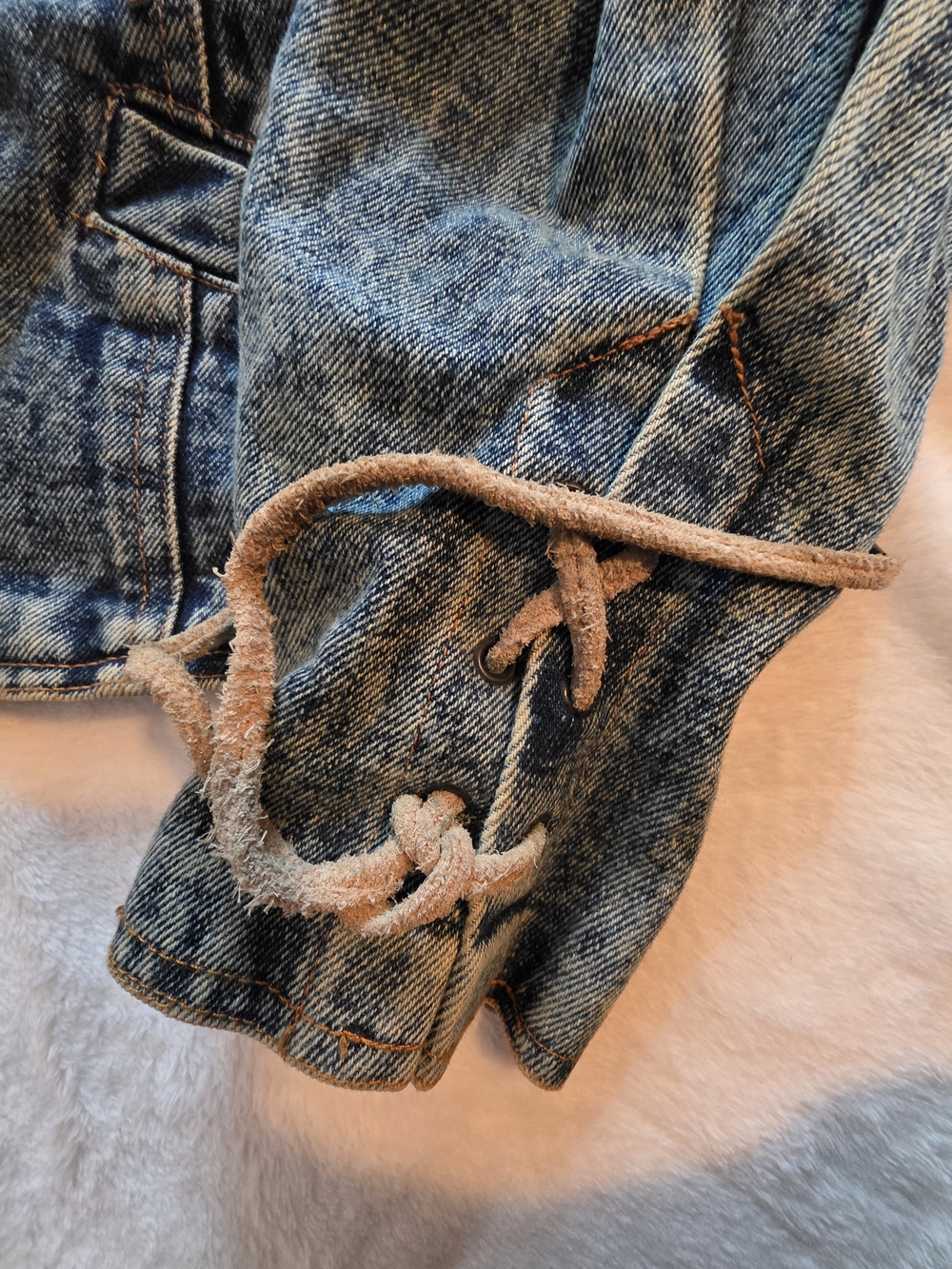 Vintage Western Denim Fringe Jacket Leather Tassels Acid Wash Cropped Medium. - Picture 5 of 8